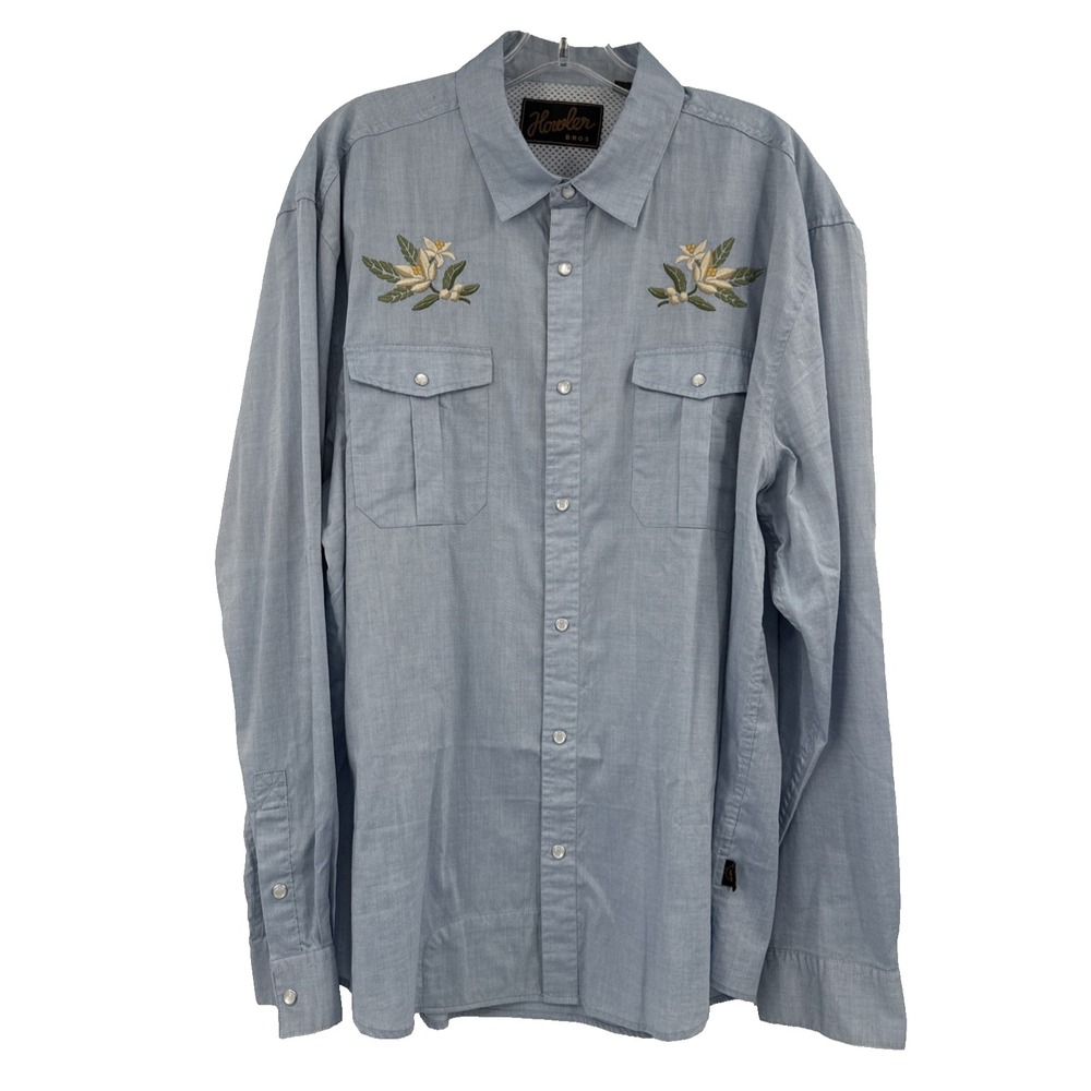 Howler Bros‎ Gaucho Snapshirt Mens XL Blue Embroidered Flower Pearl Snap